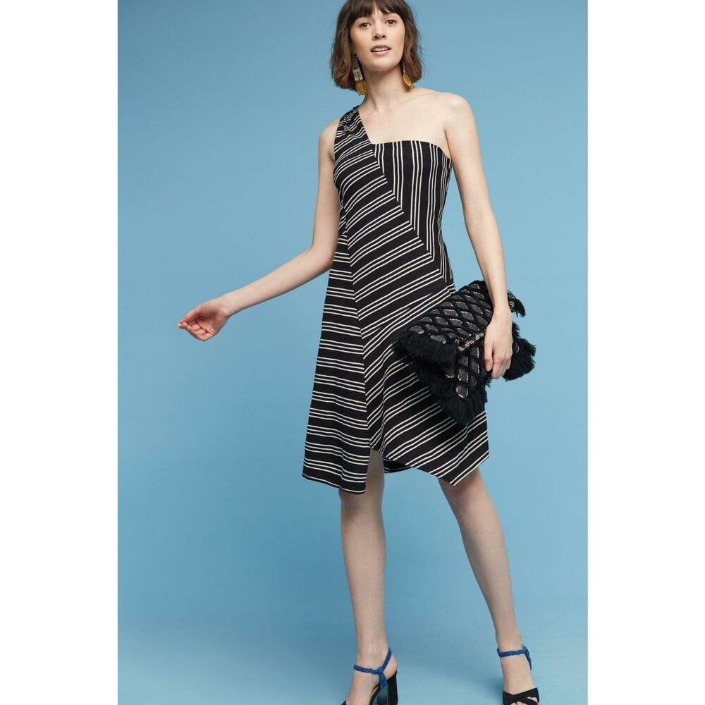 New Anthropologie Moka One-Shoulder Dress by Maeve, Black & White,$118 X-Small